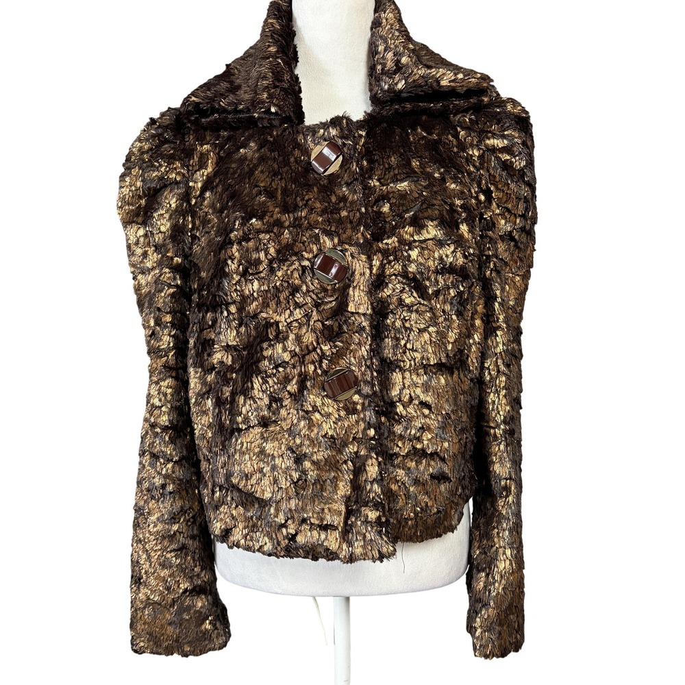 Leifsdottir Womens 6 Brown Metallic Faux Fur‎ Cropped Jacket Button Lined